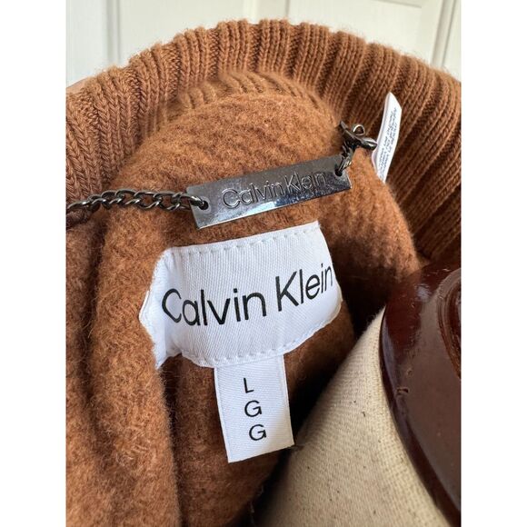 CALVIN KLEIN Wool Blend Belted Wrap Coat Women's Dark Camel Brown - Picture 8 of 11